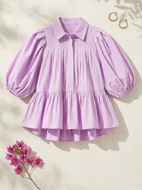 Meet me in Santorini Lavender breeze Peplum Puff-Sleeve blouse  XS NWT